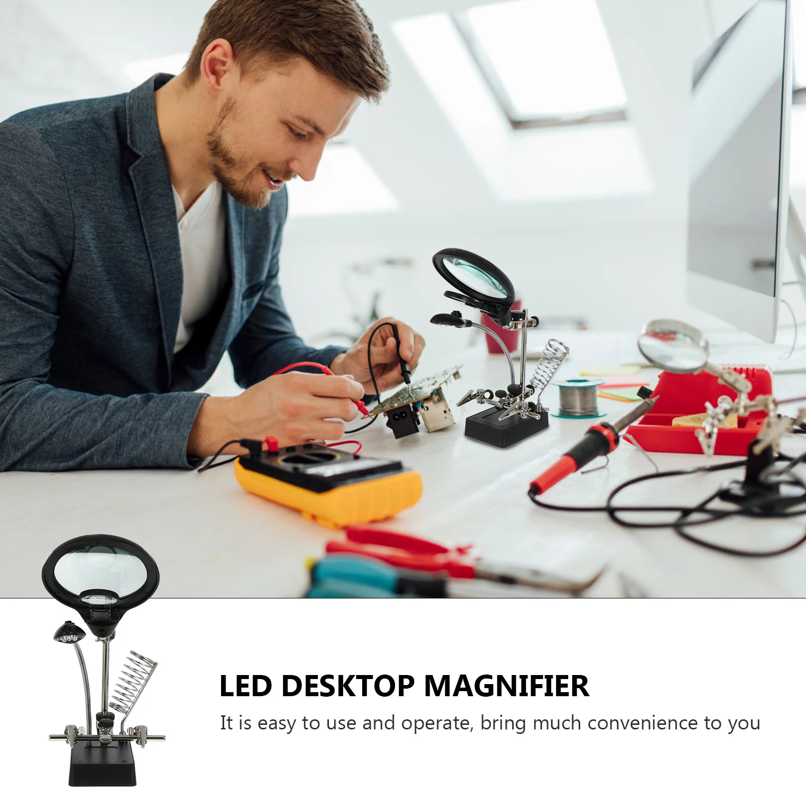 

1 Set Led Magnifying Glass With Stand 2.5X 5X 8X Triple Lens Adjustable Desktop Reading Repair Observation Soldering Magnifier