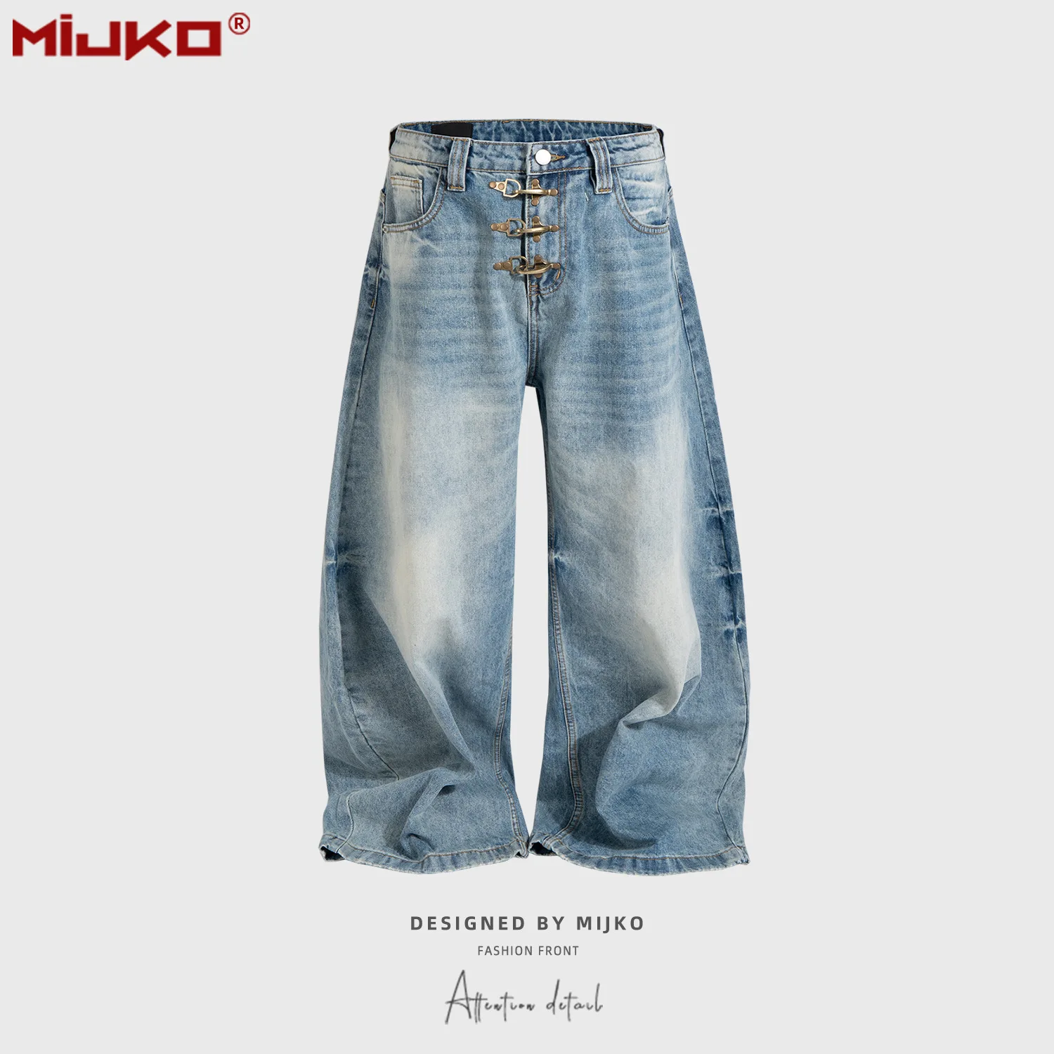 MIJKO Unisex Silhouette Design Jean Washed Vintage Metal Button Fly Blue Jeans G6928