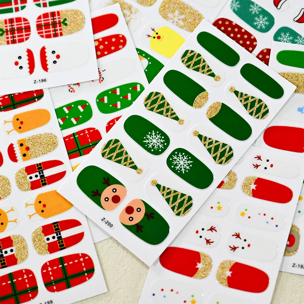 14 Sztuk Świątecznych Naklejek na Paznokcie z Motywem Świątecznym, Noworocznym, Zimowym, z Płatkami Śniegu i Świętym Mikołajem, Samoprzylepne Naklejki Pełne Pokrycie Paznokci