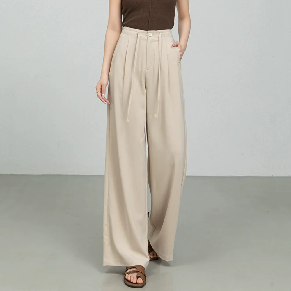 

Women summer 2025 new drawstring loose high-waisted casual pants thin straight floor-length fashion long wide leg trousers