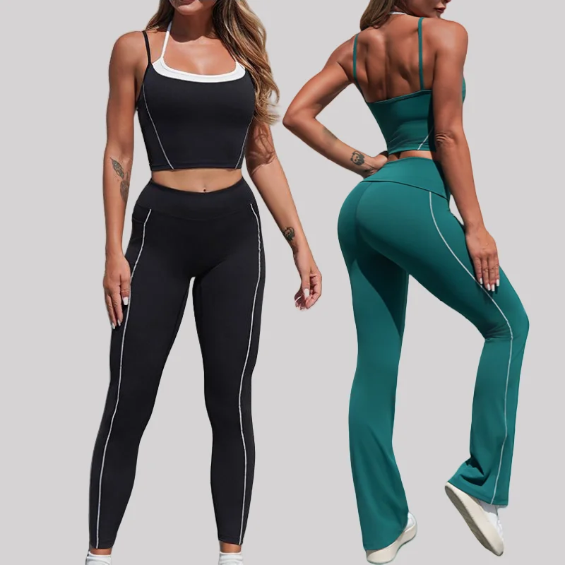 

Women's Seamless Yoga Set - Halter Neck Backless Tight Top & Quick-Dry Shorts-Flare Pants Running Gym Fitness Workout Outfit