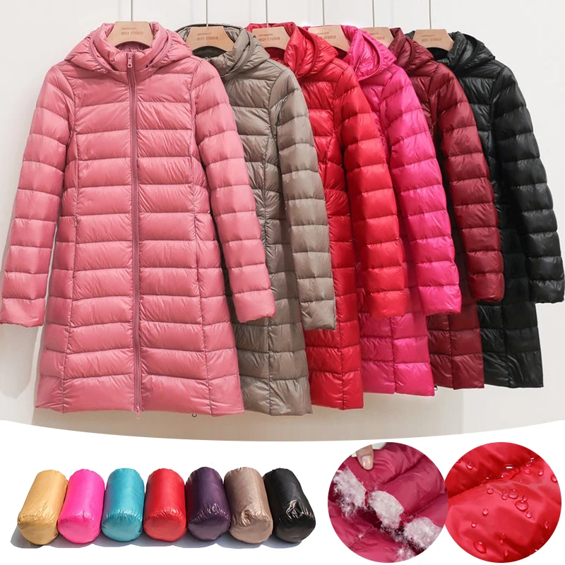 Winter Womens Down Jackets Long Ultra Light Thin Solid Color Casual Coat Puffer Jacket Slim Remove Hooded Parka Padded Clothes