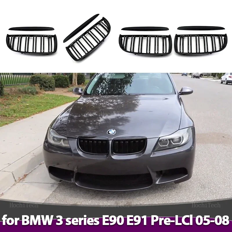 Rejilla delantera de doble listón para BMW E90 E91 3 Series 2005-2012 320i 325i 330i, repuesto, color negro brillante, estilo coche, 2 uds.