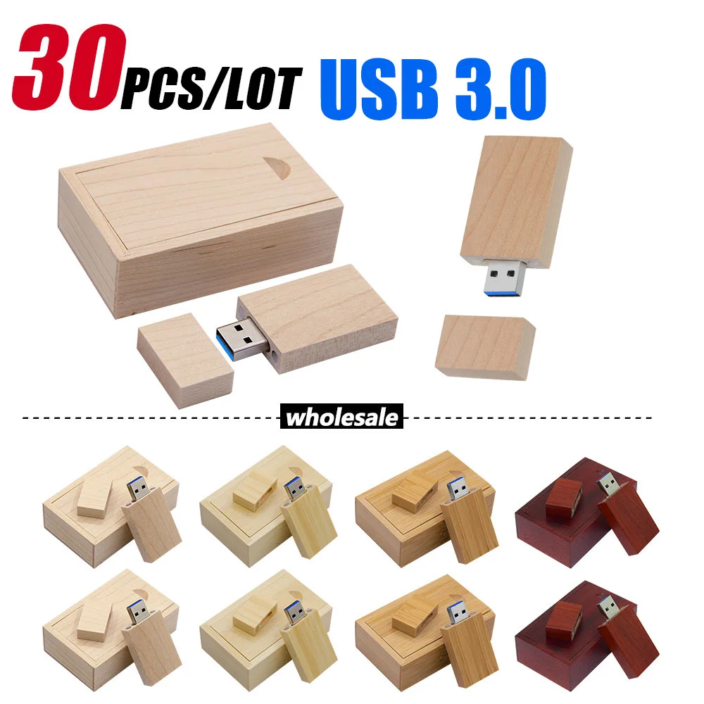 30pcs/lot Flash Drive USB 3.0 Wooden +Box Pen Drive 8GB 16GB 32GB 64GB128GB U Disk Free Custom Logo for Photography Wedding Gift