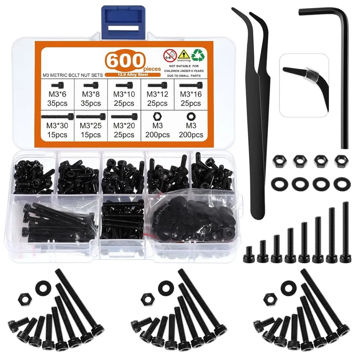 Budget-Friendly-600Pcs M3 Screws,12.9 Alloy Steel Nuts and Bolts Assortment Kit,Black Zinc Plated Hex Socket Head Screws Nuts Bo