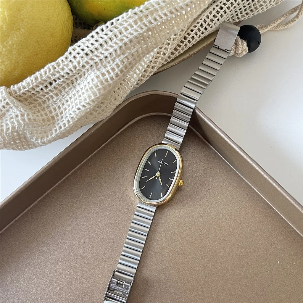 Light luxury fashion bar scale oval dial bamboo style steel strip quartz watch+one letter compact bracelet set