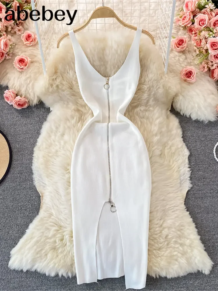 Zipple  2026 Sexy Summer Knit Strap Dress Women Tank Elatic Waist Bodycon Sundress Female Beach Split Backless Midi Dress