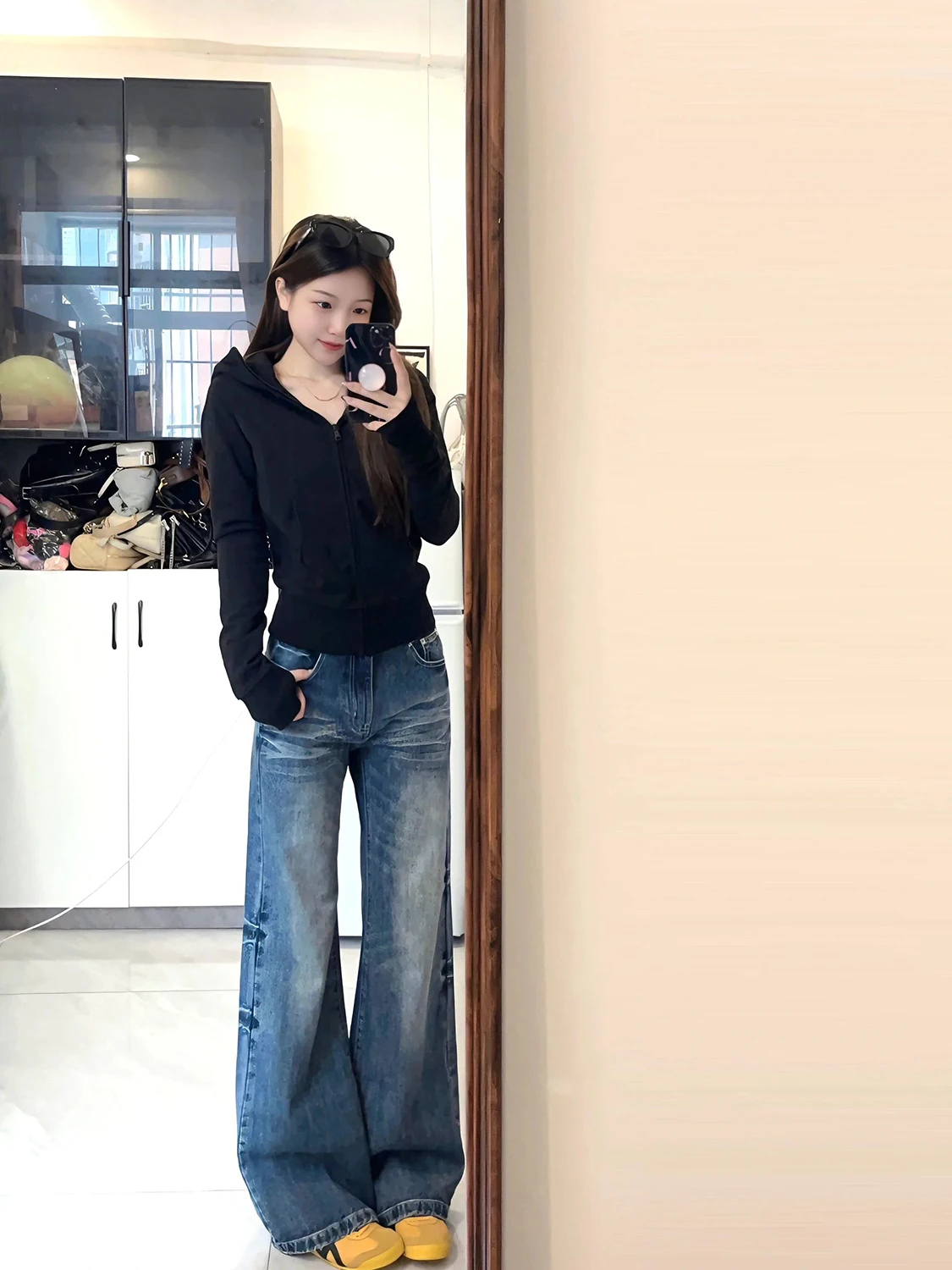 

Расклешенные джинсы с высокой талией в стиле ретро, женские прямые широкие длинные брюки, осенняя новинка, корейская версия, эффект похудения