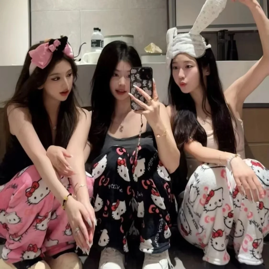 سانريو أنيمي مرحبا كيتي بنطلون بيجاما الصوف مزدوجة نسيج مرن بنطال ناعم موضة النساء بنطلون لطيف الكرتون فتاة الهدايا #1