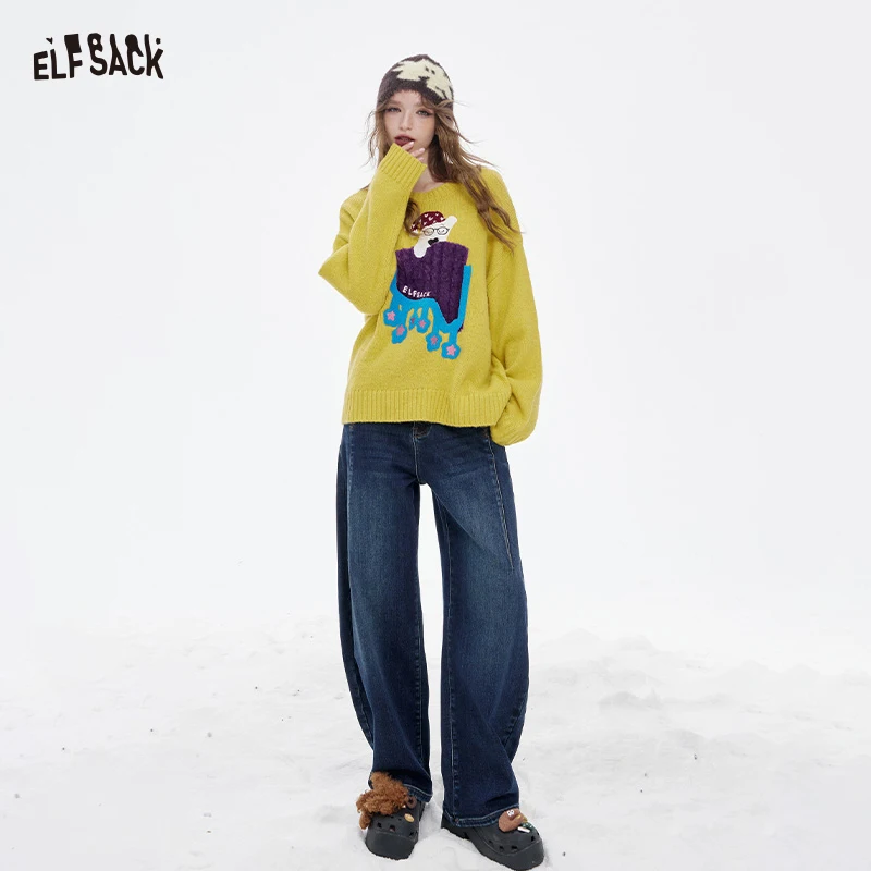 

ELFSACK 2025 Winter New Arrivals Minimalist Casual Classic Loose Solid Floor Length Curved Hem Jeans For Women