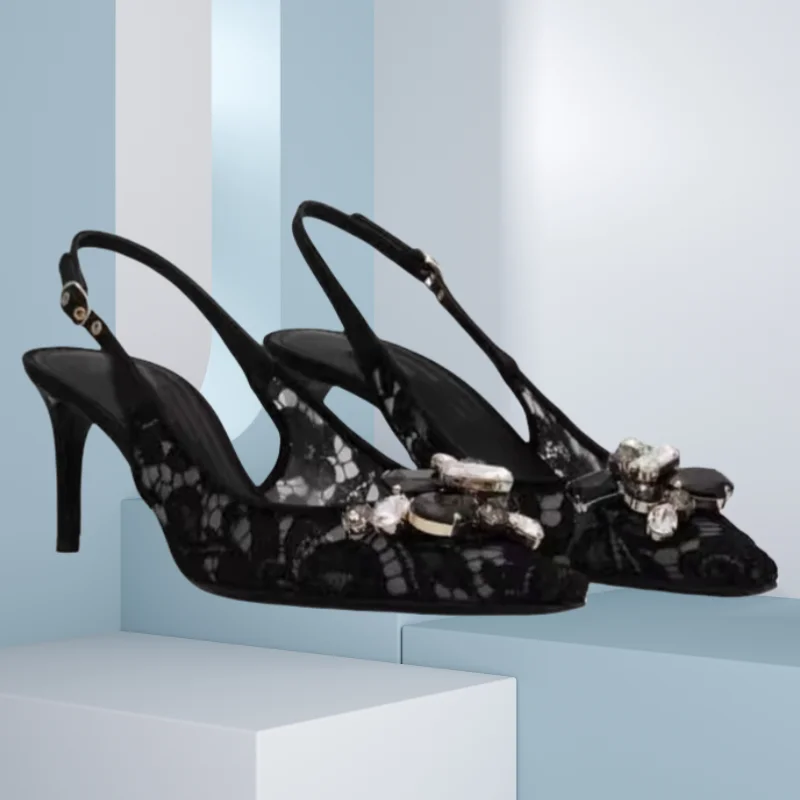 

Slingback Black Lace Sandals For Women Wedding Shoes Back Strap Crystal Zapatos Mujer High Heel Party Large Size Sandalias Mujer