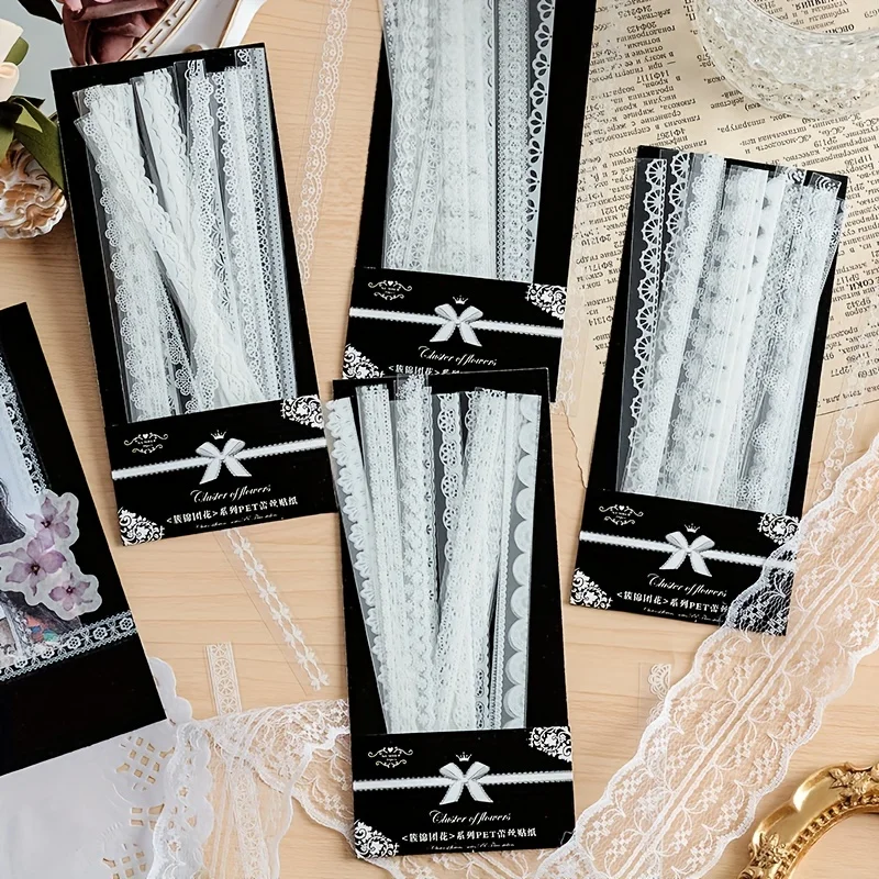 30 sztuk/paczka długie paski koronkowe naklejki wodoodporne PET koronkowe koronkowe dekoracje DIY materiał naklejki do scrapbookingu Junk Journal Supplie
