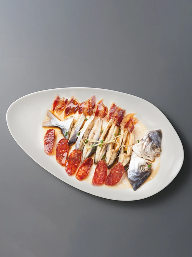 Pure White Ceramic Fish Plate for Hotel, Molecular Cuisine, Fusion Dish, Tableware, Club, Artistic, Oval