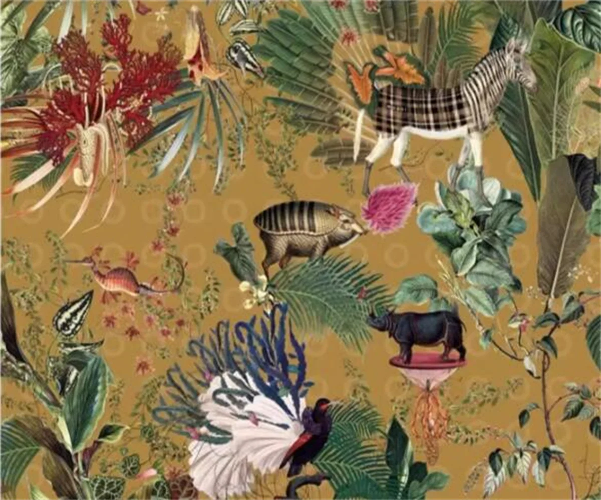 Customized Size Flower Tile Mural Southeast Asian Tropical Plants Animal Wallpaper High End Hotel Leaf Flowers 3D Wallpaper