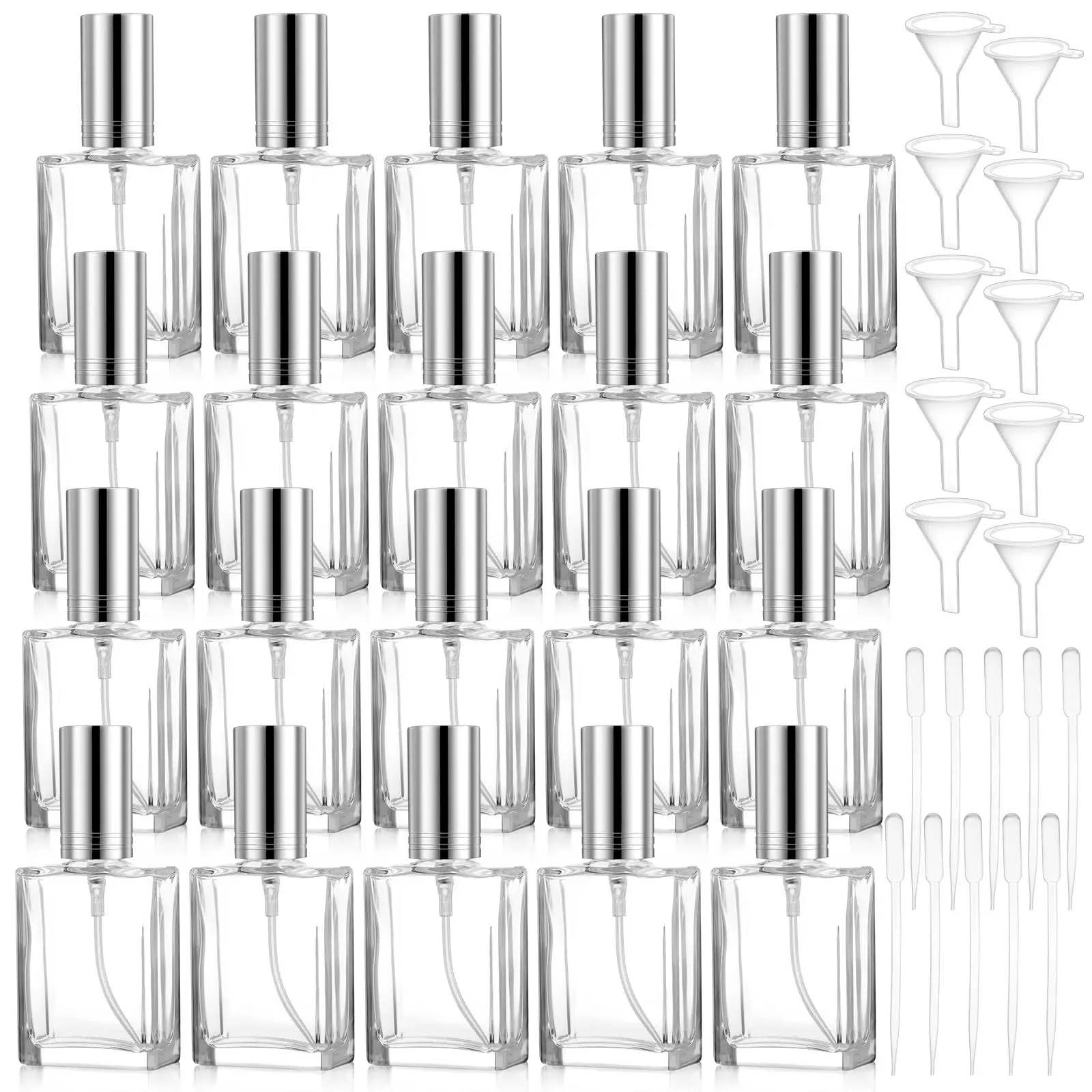 20 clear glass mist spray bottles, refillable perfume bottles, containing 10 5ml droppers and 10 funnels.(15ml)