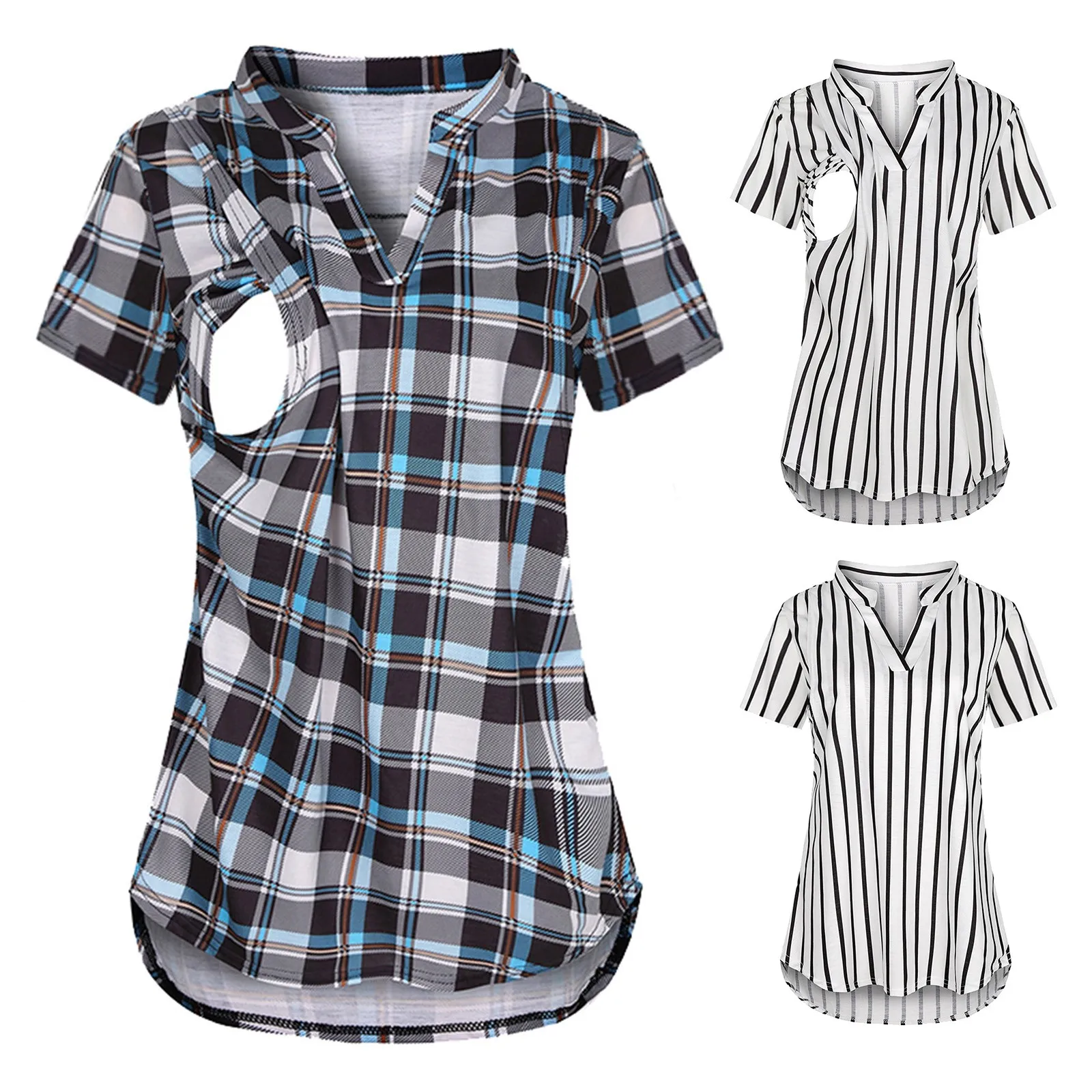 

Moms Summer Maternity Tops Womens Lactation Top Pregnancy Breastfeeding Nursing Blouse V Neck Plaid Print Short Sleeve T Shirt