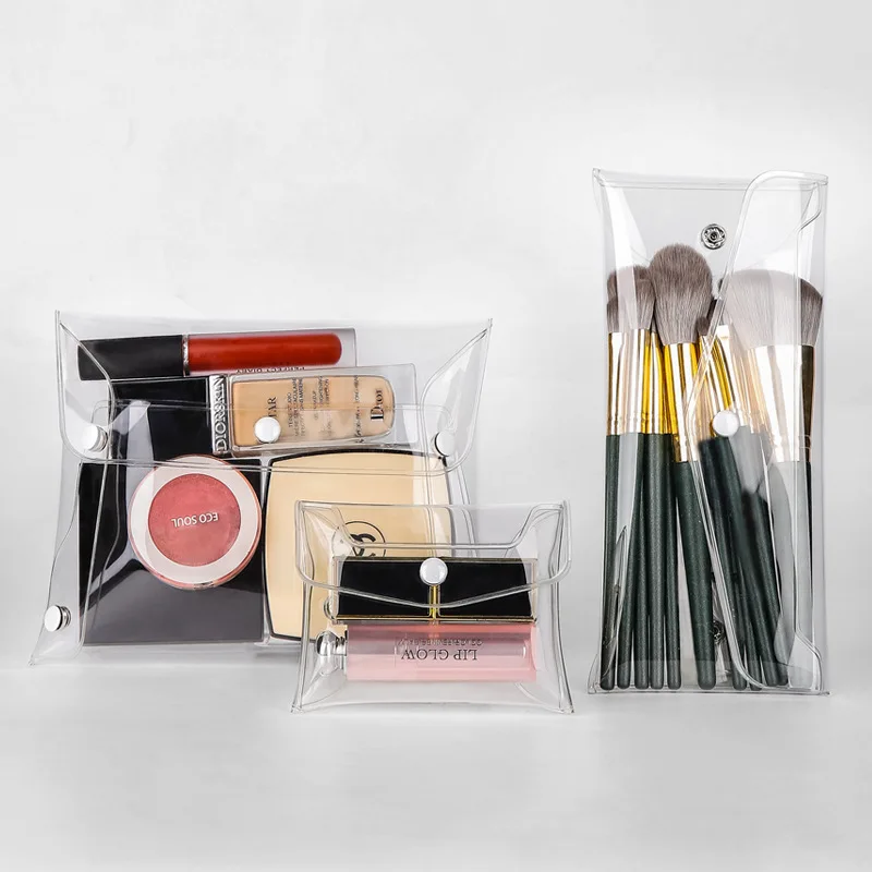 Bolsa de almacenamiento transparente de PVC para brochas de maquillaje, monedero portátil con botón de viaje, accesorios impermeables, 1 unidad