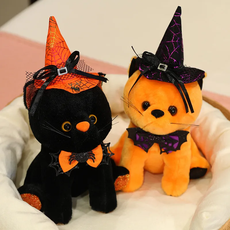 2025 Halloween Style Black Orange Cat Plush Toy Cute Kitten Doll Stuffed Pillow Happy Halloween Party Decor Gifts Trick or Treat