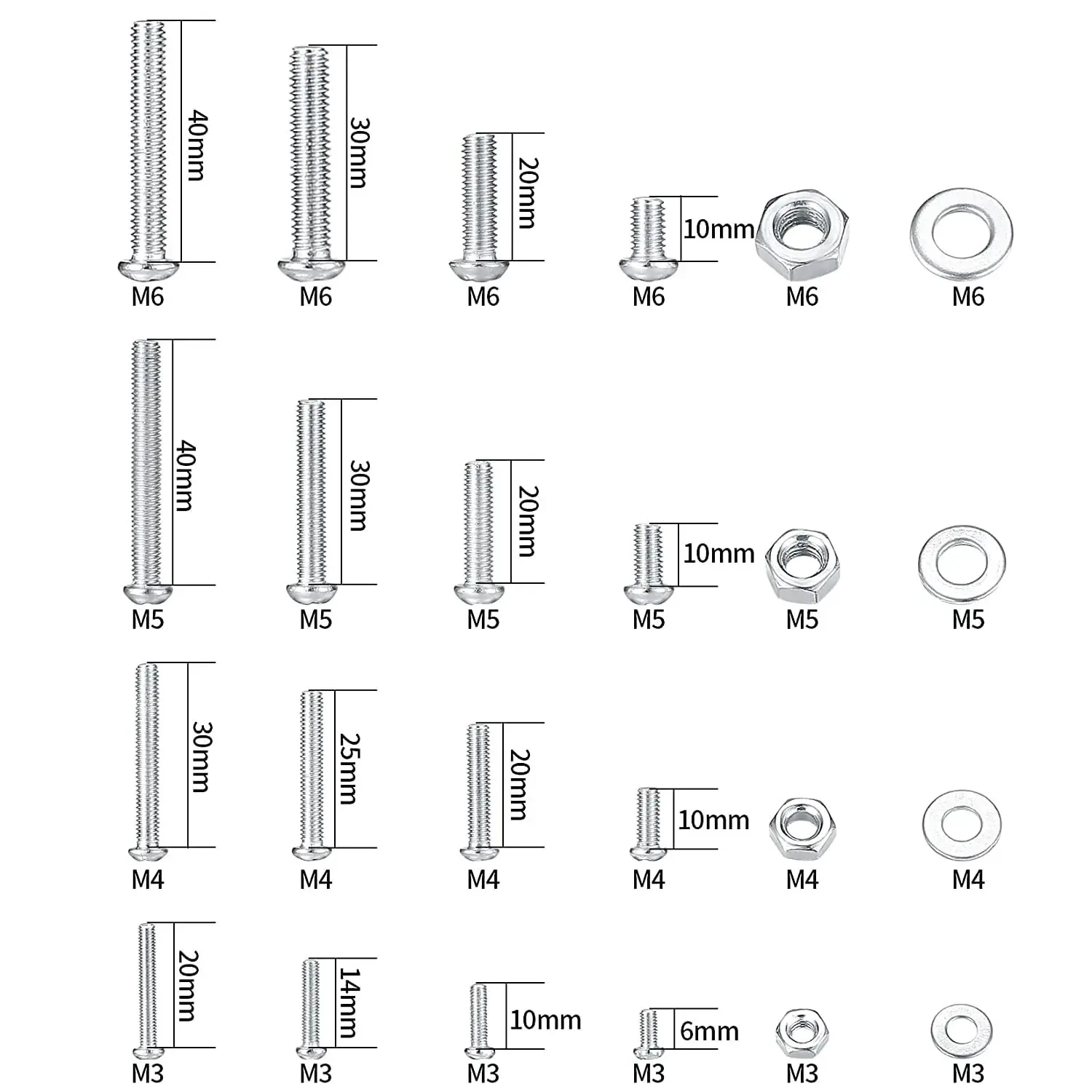 1080pc  screw bolt and nut and flat washer combination kit, metric,M3/M4/M5/M6 cross slotted flat head hexagon bolt and nut set