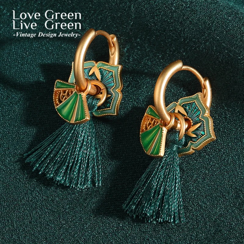 

Vintage Green Enamel Tassel Earrings Woman Elegant Luxury Gold Color Designer Gift Palace Formal Party Charm Accessories New
