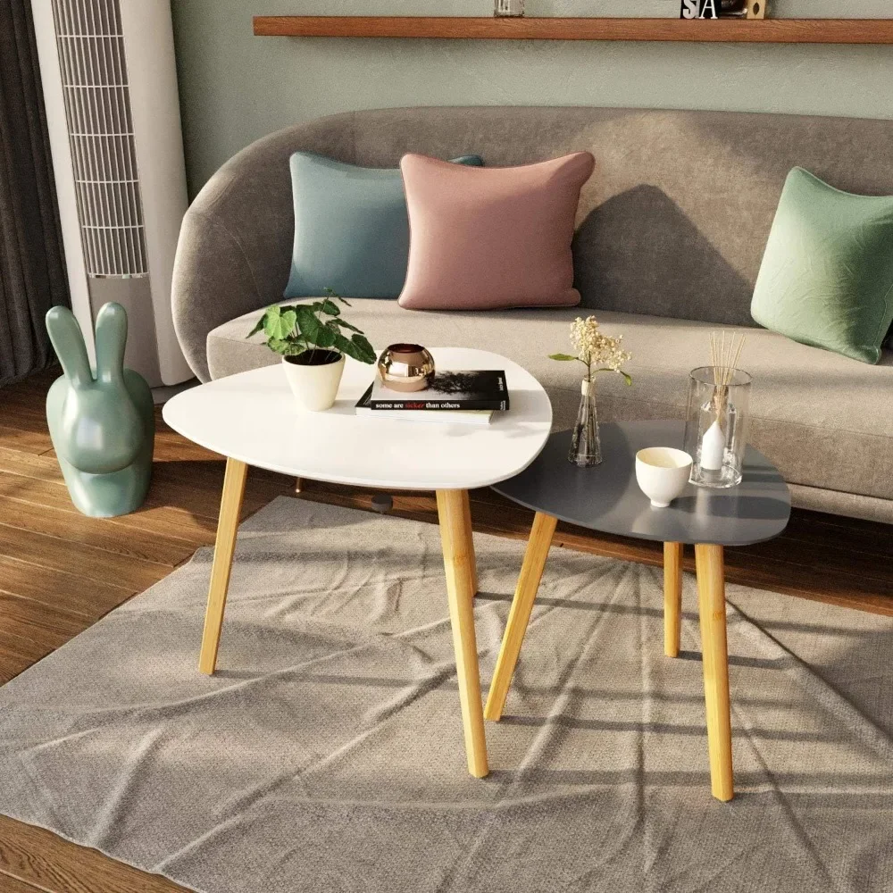 Bamboo Nesting Triangle End Table,Set of 2 Coffee Table Modern Minimalist Side Table for Living Room, Balcony in White & Grey