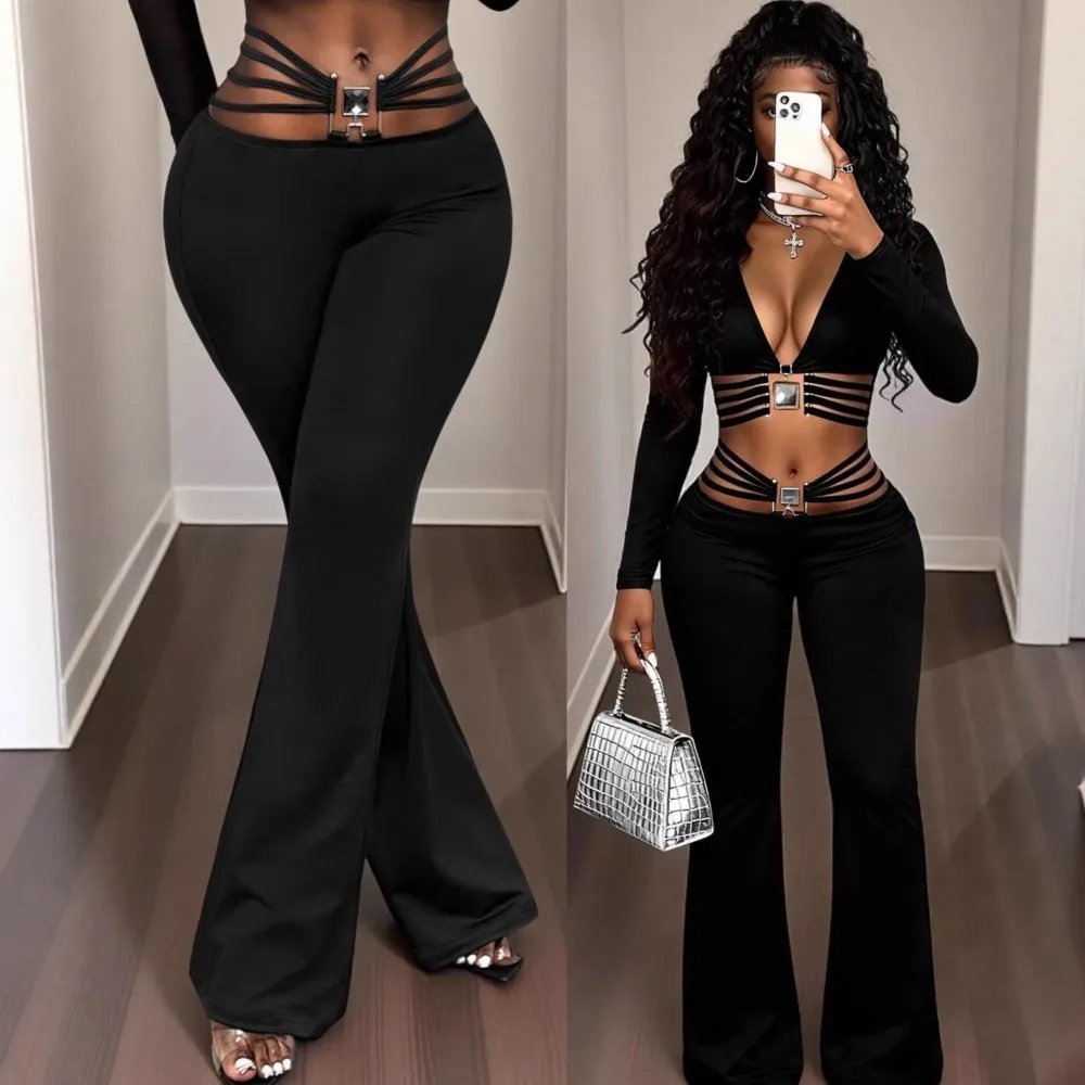

Casual Flared Pants Sweatpants Woman All-match Hot Girl Style Sports Hollow Out Metal Sheet Slim Solid Color Bodycon fashionable