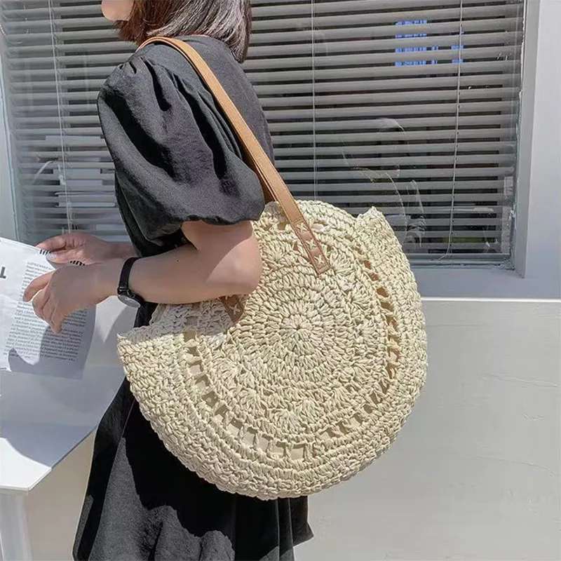 Round Straw Beach Bag Vintage Handmade Woven Shoulder Bag Raffia Circle Rattan Bags Bohemian Summer Vacation Casual Bags