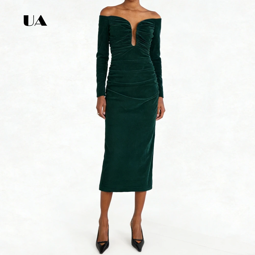 

ULBYANRY Velvet Sheath Prom Dress with Off the Shoulder, Solid Plunging Neck Ruched Evening Dress, Simple Customized Party Gown