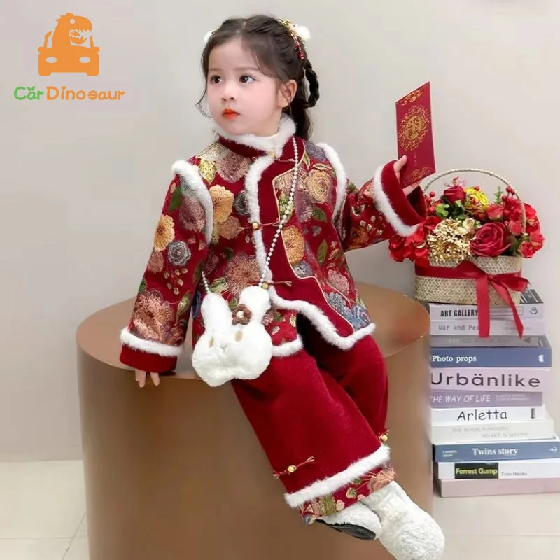 2025 Winter Warm 2-10 Years Child Tangsuit Traditional New Year Customes Kids Thicken Coat+Wide Leg Pants + Bags 3 Pcs Outfits
