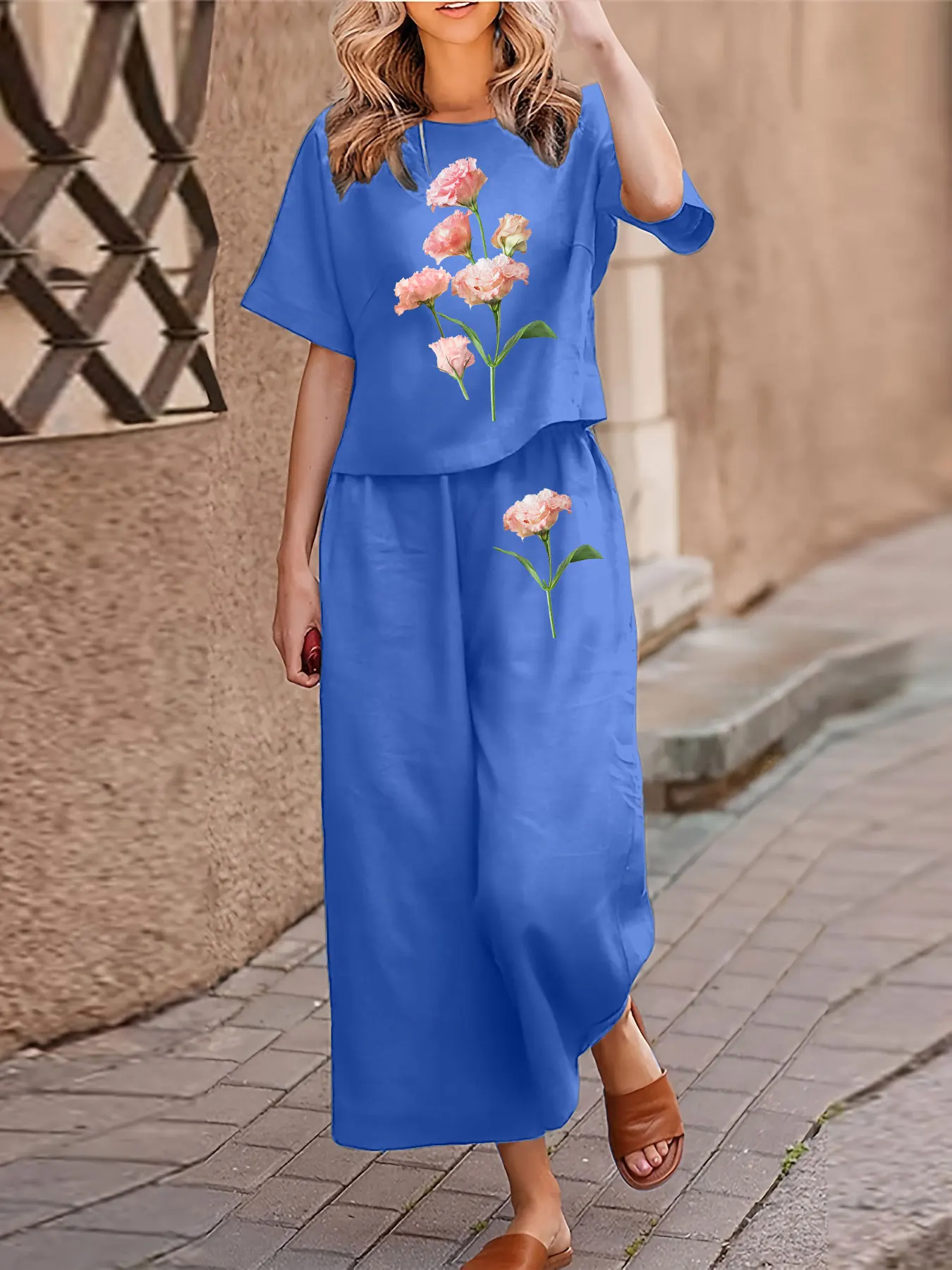 Conjunto informal de dos piezas de talla grande para mujer, traje estampado, camiseta de manga corta, pantalones, conjunto de dos piezas con cuello redondo holgado