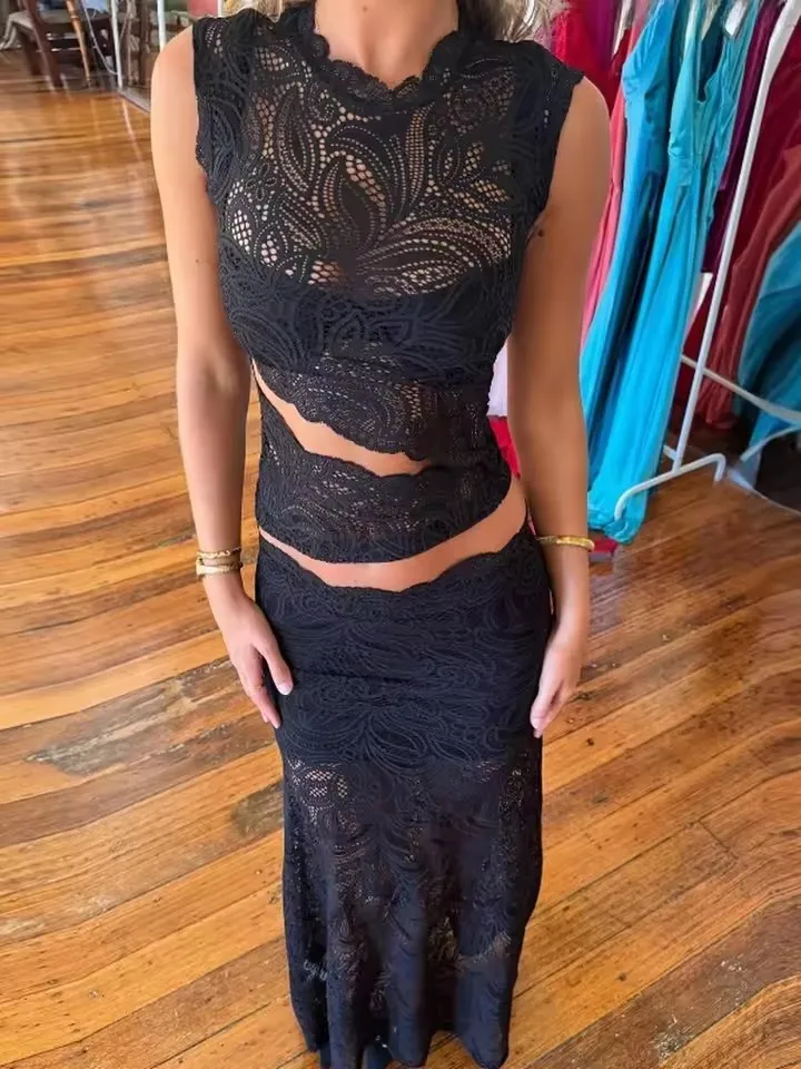 Red Sexy Hook Flower Hollow Lace Set Two Piece Crew Neck Crop Top and Fishtail Skirt Woman Outfit Spring Summer Slim Ladies Suit image 2