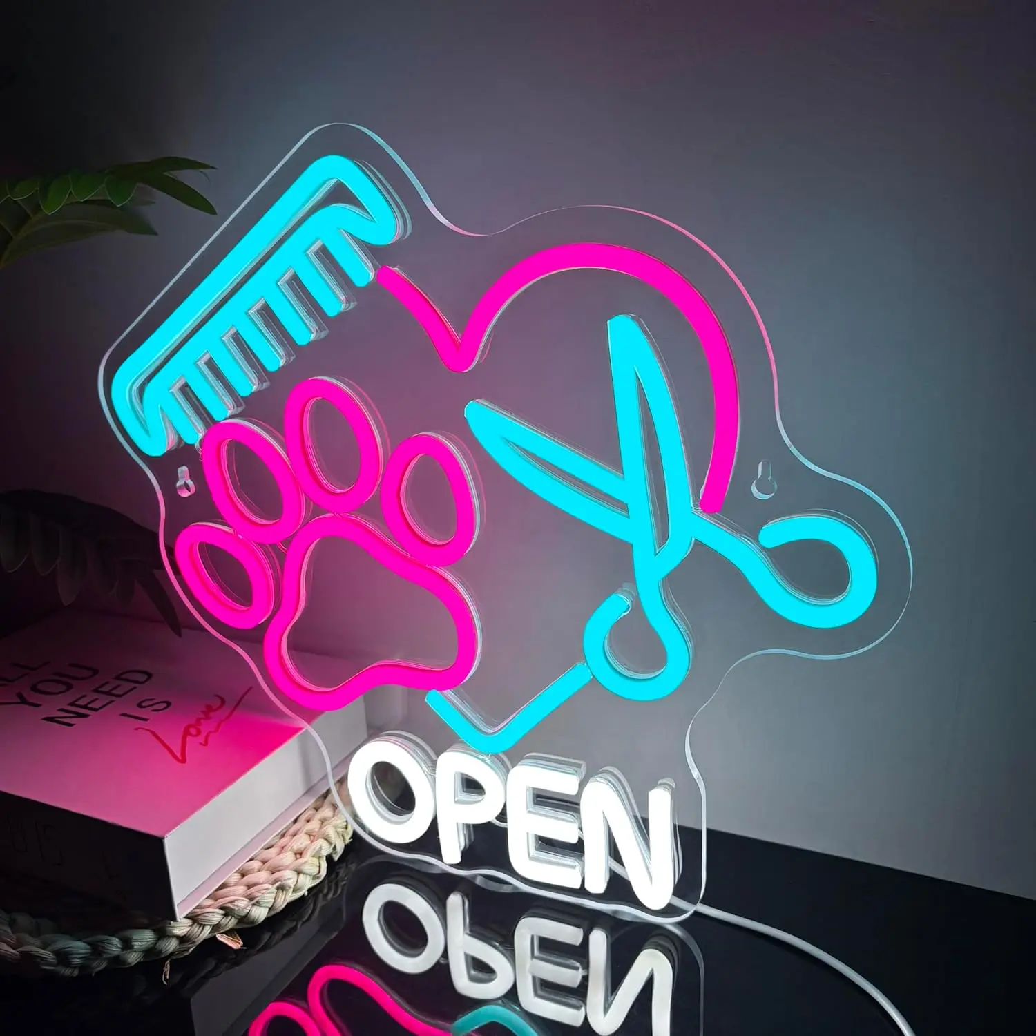 USB Powered Open Neon Sign Dimmable LED Neon Light for Pet Shop, Pet Spa, Pet Salon & Animal Clinic Decor, Wall Mount Gift