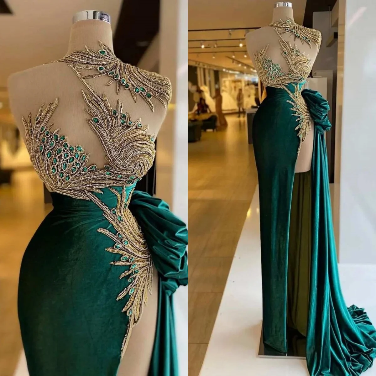 

Elegant Mermaid Evening Dresses High Neck Strapless Front Split Prom Gowns Crystal Beading Celebrity Party Customized Dresses