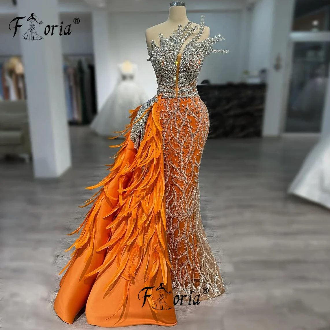 

Orange Elegant Dubai Mermaid Evening Dresses Bling Crystal Beads Feathers Prom Dress Luxury Celebrity Party Gowns Customizedi