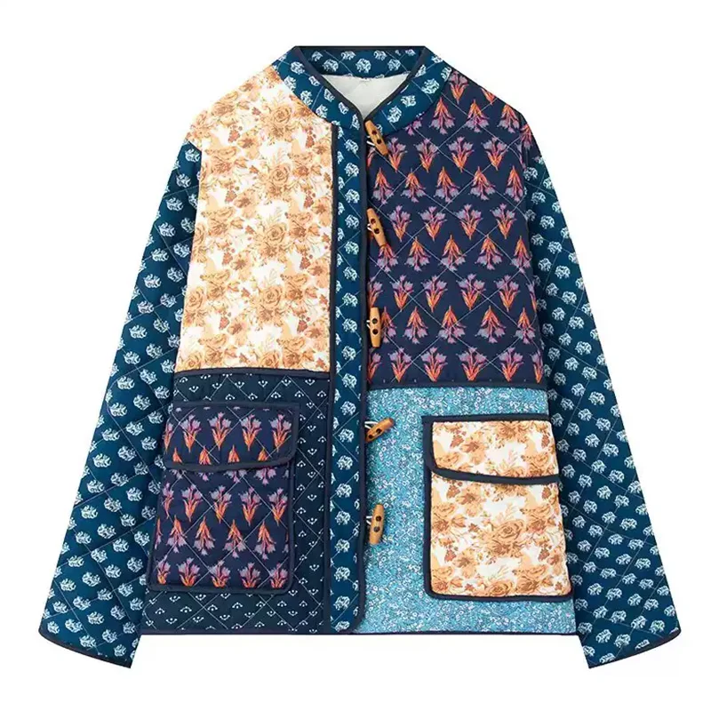 

Vintage Cotton-padded Floral Printing Clothes Jacket Retro Patchwork Winter Warm Coat Casual Women Long Sleeves Lady OutCoat Top