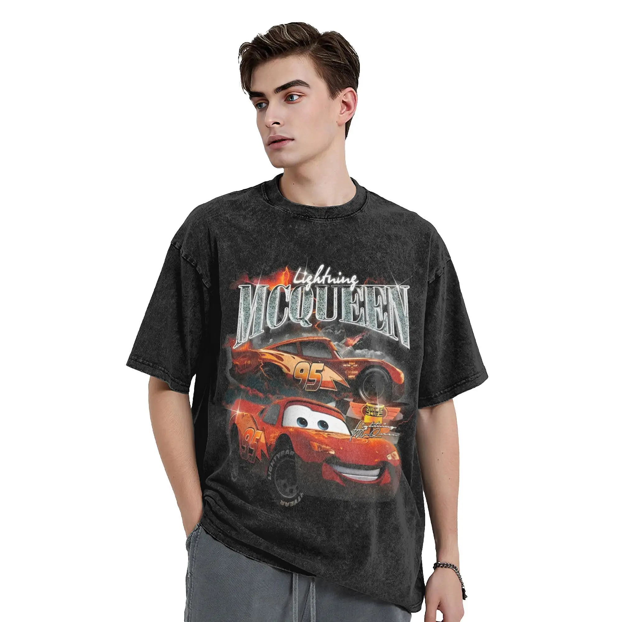 Printed lightning mcqueen car sally Washed T Shirts Merch Harajuku T-Shirt  for Men Women Tee Shirt