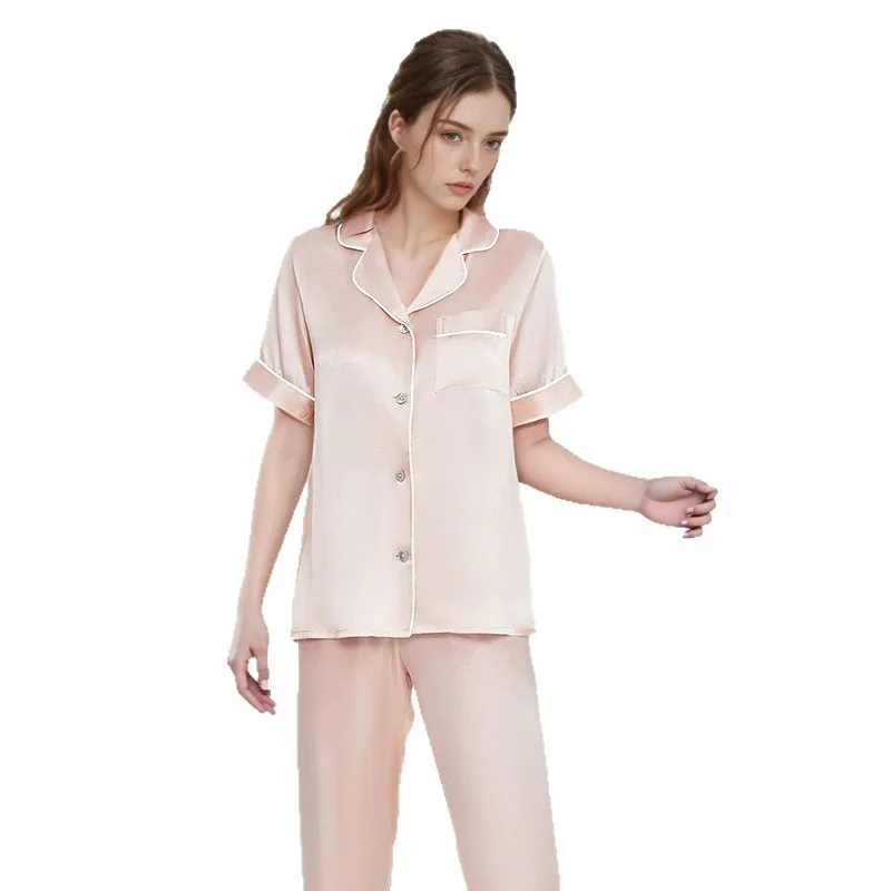 Spring Summer 19 Momme 100% Mulberry Silk Pajama Set Women Short Sleeve Long Pants Luxury Skin-friendly Antibacterial Loungewear view 5
