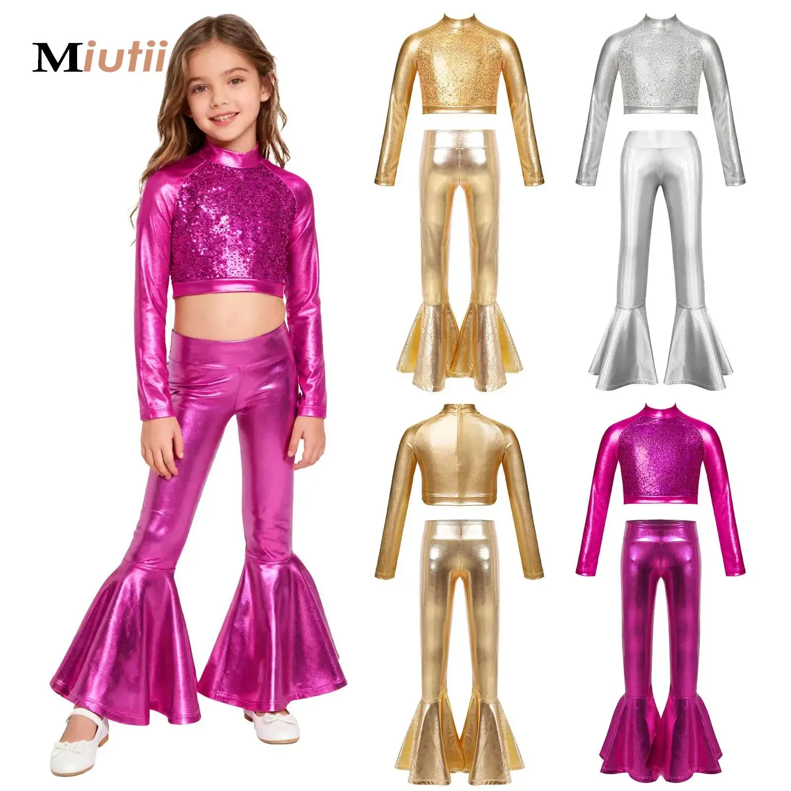 

Kids Girls 2Pcs Jazz Dance Outfit Costume Sequin Crop Top with Metallic Bell Bottom Trousers Cheerleading Performance Clothes