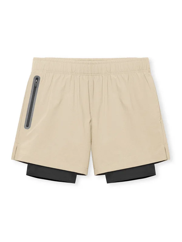 

Elastic Waist Double Layer Sports Shorts for Men Casual Comfortable Polyester Fiber Knee High Zipper Fly Flat Front Pants