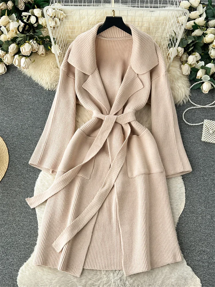 Winter Korean Style Fashion Knitted Outerwears Women Loose Solid Lapel Coat Female Autumn New Casual Streetwear Sweater Cardigan