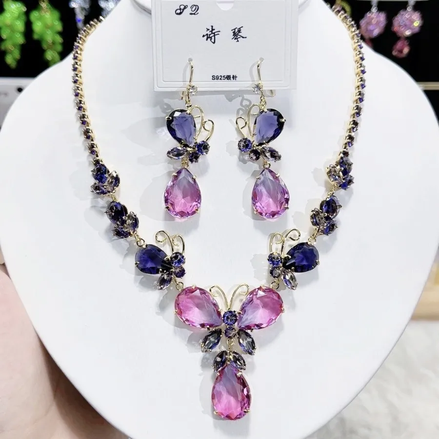 

Luxury Crystal Butterfly Jewelry Set for Women Cubic Zirconia Sparkling Necklace Earrings Sets Elegant Wedding Party Jewelry