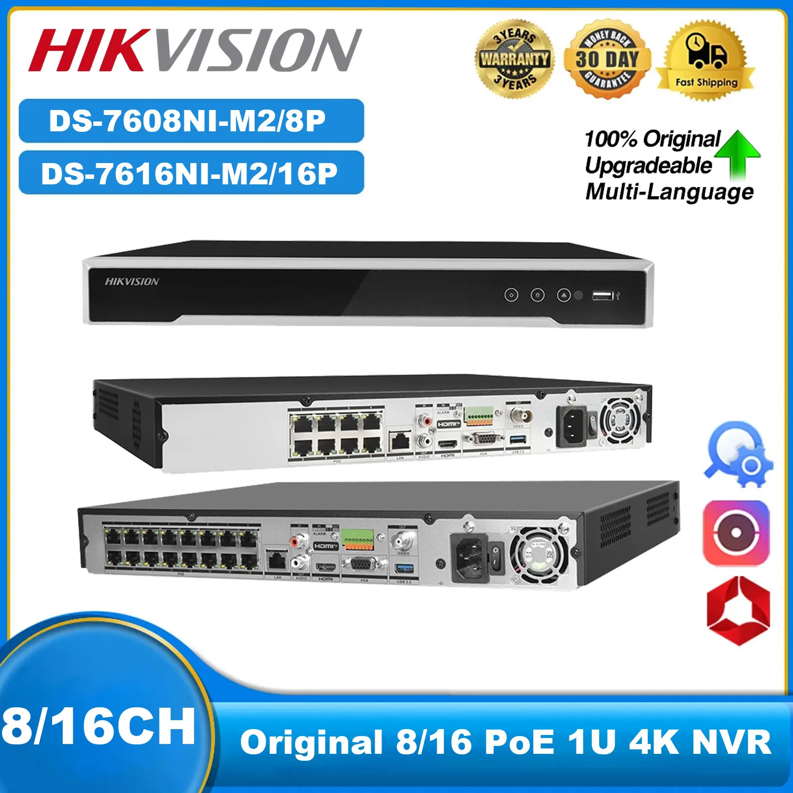 

Hikvision 8K NVR 8CH DS-7608NI-M2/8P 16CH DS-7616NI-M2/16P 8/16 PoE Port HDMI/VGA Output 2 SATA HDD H.265+ Network Video Record