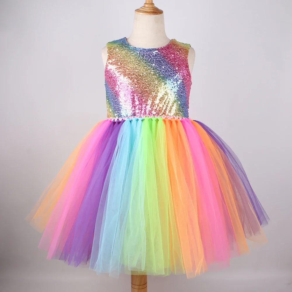 Rainbow Sequins Princess Dress for Girls Sleeveless Backless Party Evening Tutu Dresses Kids Clothes Vestido Children\'s Clothing