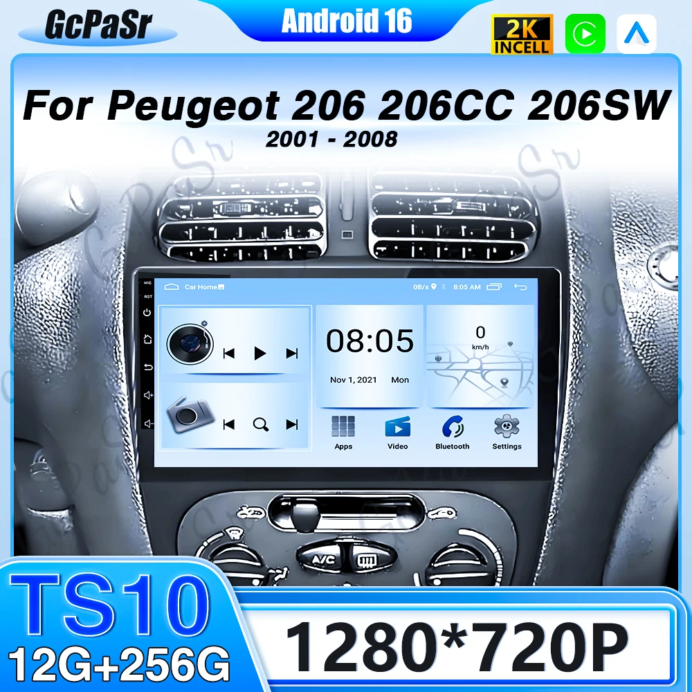 

Android 16 Car Radio For Peugeot 206 206CC 206SW 2001-2008 Wireless CarPlay Auto Intelligent Systems DSP SWC RDS GPS BT NO 2Din