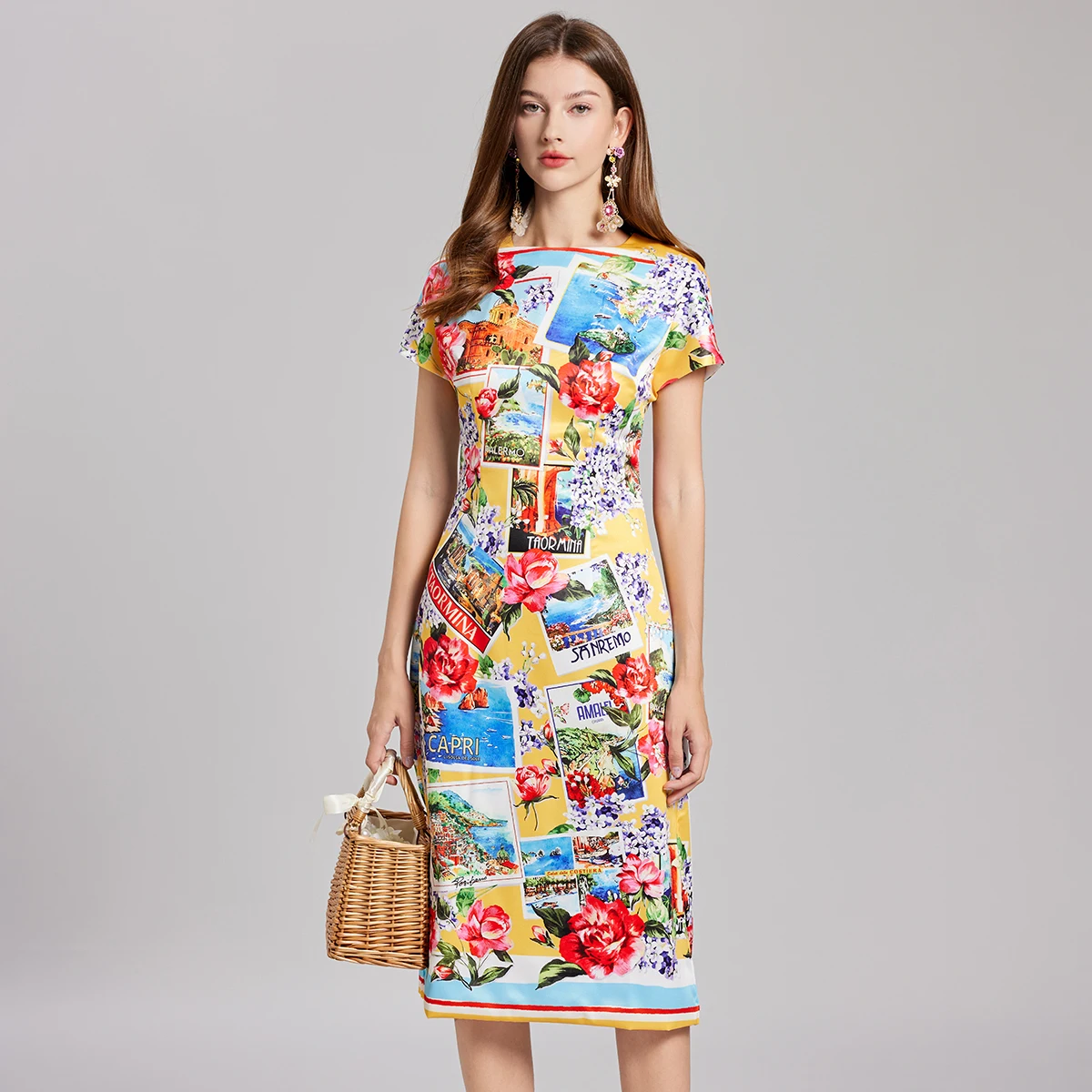 Runway New Summer Letters Postcard Print Floral Midi Long Rose Dress Women Short Sleeve Sheath Pencil Party Vestidos Female