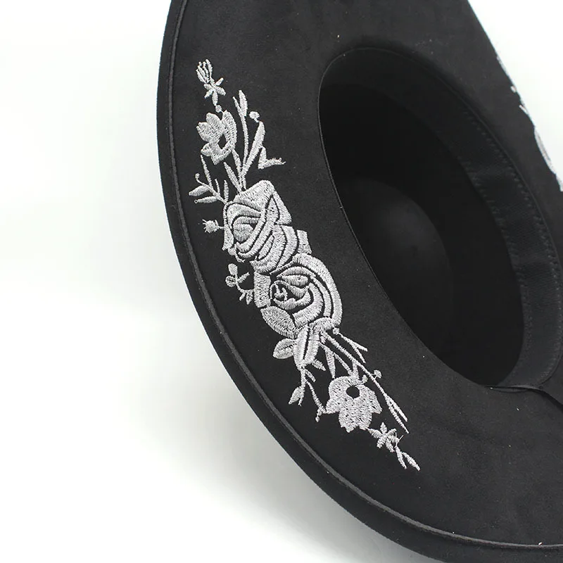 Ganzjahres-Fedora im Cowboy-Stil für Damen – Baumwoll-Poly-Mütze (57–58 cm) mit gebogener Krempe und 3D-Blumenstickerei – Detail 4