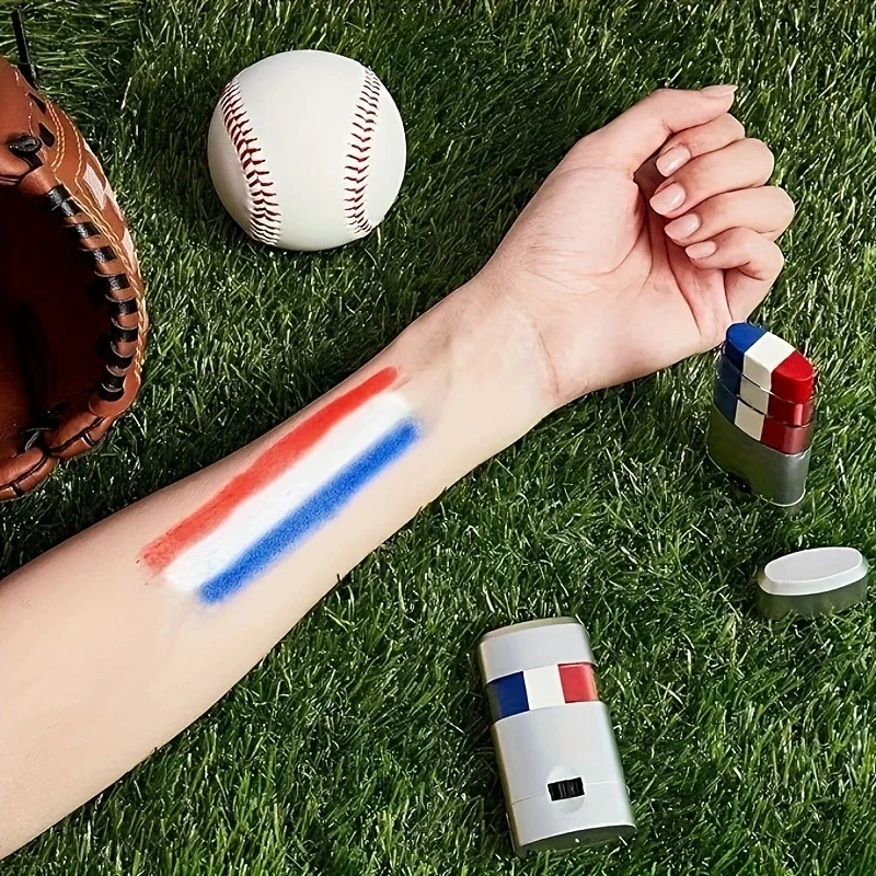 عصا طلاء الوجه باللون الأحمر والأبيض والأزرق القابلة للتعديل، فرشاة مروحة كرة القدم المخططة، طلاء الوجه والجسم، لعبة كرة القدم، ديكور التشجيع
