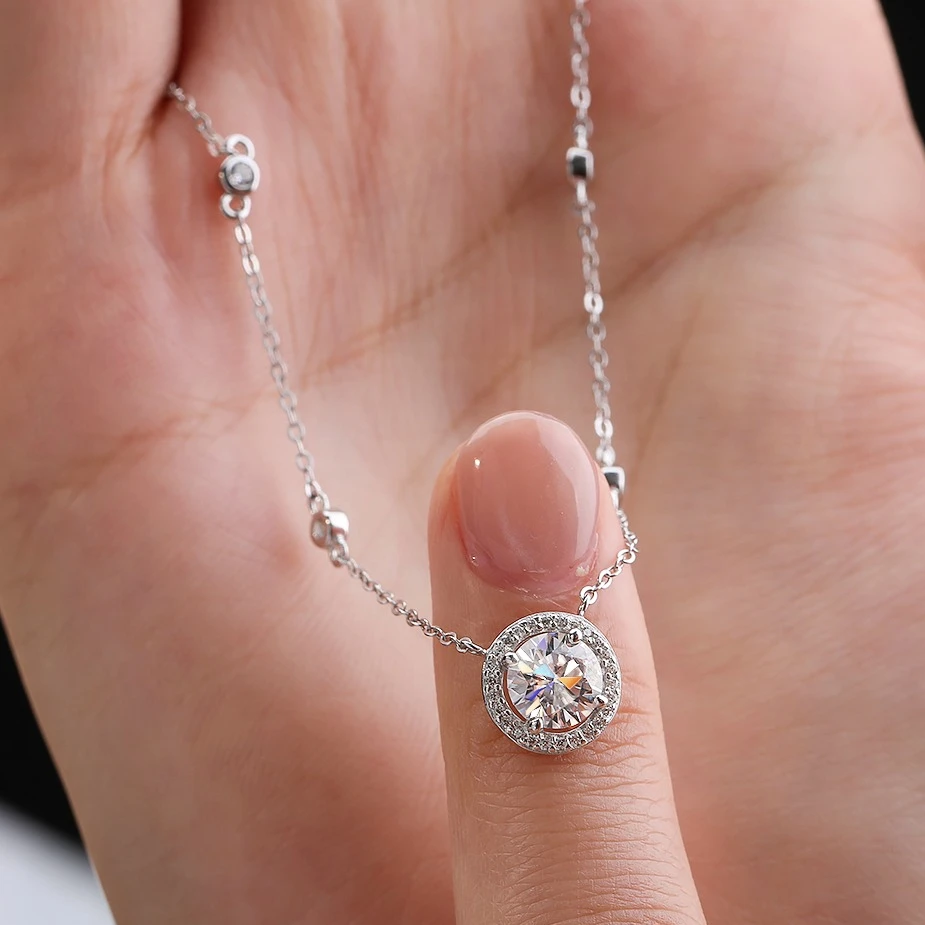 1/2/3CT Certified Moissanite Necklace for Women 925 Sterling Silver Round Halo Lab Diamond Pendant NeckChain Female Jewelry Gift