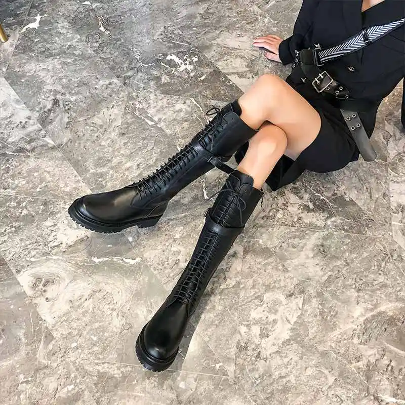 Krazing Pot Big Size Genuine Leather Lace Up Med Heels Round Toe Punk Superstar Riding Boots Buckle Fastener Over-the-knee Boots