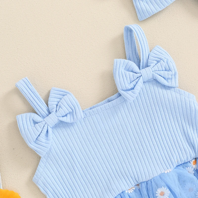 Newborn Baby Girl Outfit Dasiy Print Tulle Romper Dress Ribbed Sleeveless Bodysuit with Bow Headband Summer Clothes